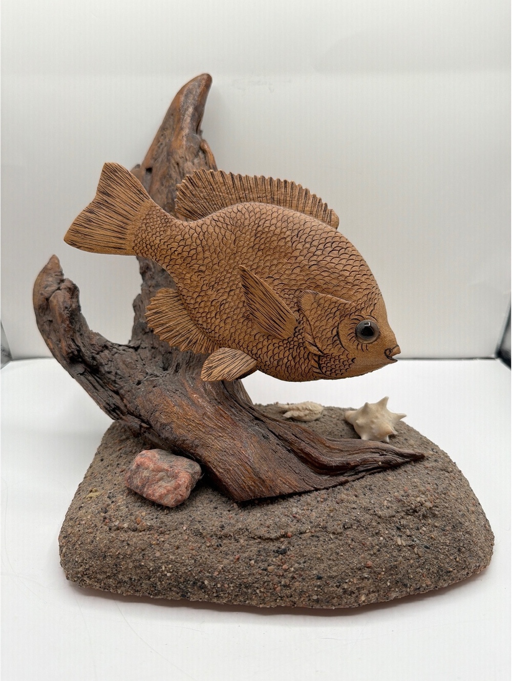 Hand Carved Wooden Fish Sculpture with Driftwood Base and Shell Accents
